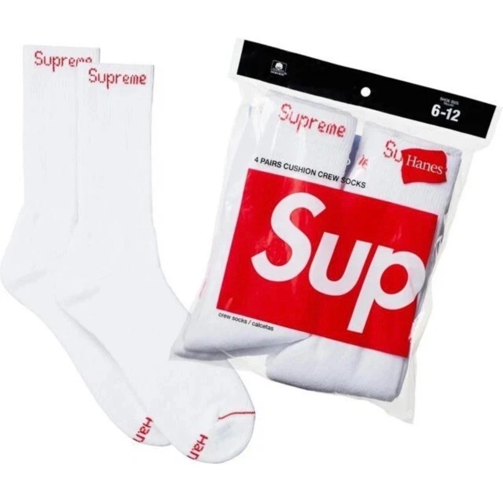 Supreme X Hanes Crew Socks 4 Pairs 8 Socks Cushion White Size 6-12 Authentic New